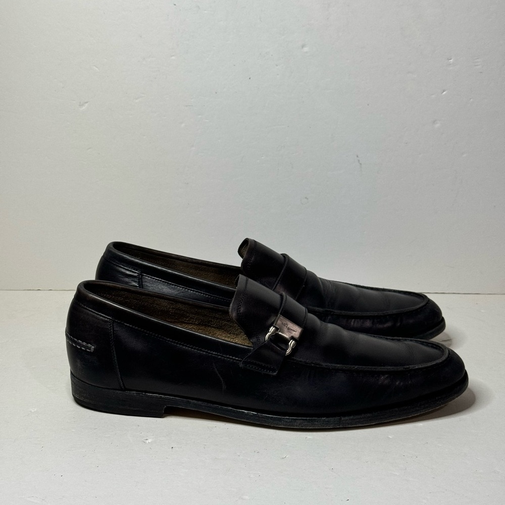 Salvatore Ferragamo Black Leather Loafers Buckle Strap Men's 9 Shoes